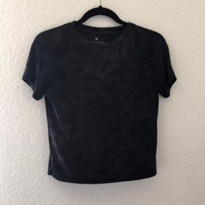 Ribbed navy/ light blue mixed cropped top t-shirt.